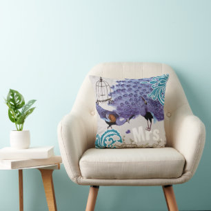 mevrouw Blauwgroen Damask Paarse Peacock Birdcage Kussen