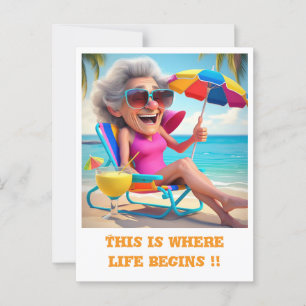 "MEVROUW GING MET PENSIOEN OP HET STRAND" BRIEFKAART