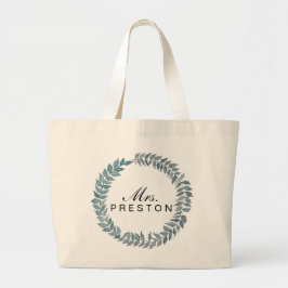 Mevrouw Steel Blue Vine | Waterverf krans Grote Tote Bag
