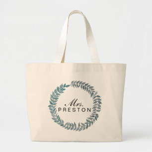 mevrouw Steel Blue Vine   Waterverf Wreath Grote Tote Bag