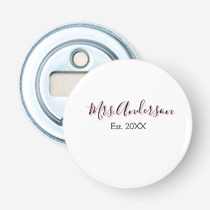 Mevrouw voeg naam toe achternaam zwart roze jaar m button flesopener