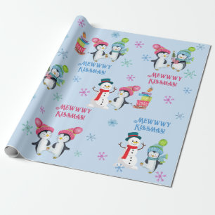 Mewwwy Kissmas Penguins Snowmen en Snowflakes Cadeaupapier