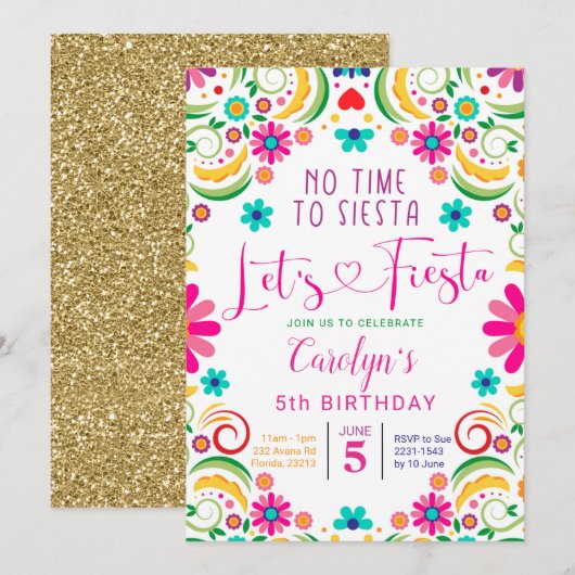 Mexicaan Let's Fiesta Girl Birthday Invitation Kaart (Voorkant / Achterkant)