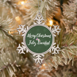 Mexicaans-Amerikaanse tweetalige Prettig Kerstfees Tin Sneeuwvlok Ornament