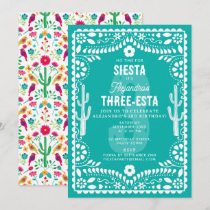 Mexicaans Bloemenfeest Teal Drie-Esta 3e Verjaarda Kaart