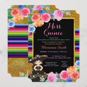 Mexicaans Feest Gouden Zwarte Jurk Quinceañera Kaart