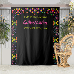 Mexicaans Fiesta Bloem Zwart Feest Fotobackdrop Wandkleed