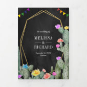 Mexicaans Fiesta Cactus Floral Black Wedding Drieluik Uitnodiging (Cover)