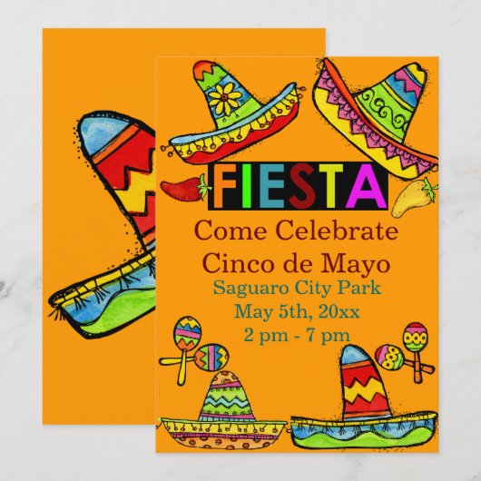 Mexicaans Fiesta Cinco de Mayo Invitations Oranje Kaart (Voorkant / Achterkant)