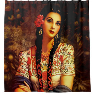 Mexicaans meisje in vintage pin-up stijl met lange douchegordijn