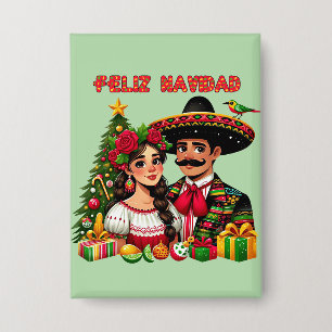 Mexicaans meisje man kerstboom Feliz Navidad kunst Button