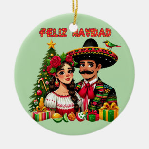 Mexicaans meisje man kerstboom Feliz Navidad kunst Keramisch Ornament