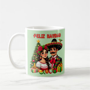 Mexicaans meisje man kerstboom Feliz Navidad kunst Koffiemok