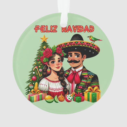 Mexicaans meisje man kerstboom Feliz Navidad kunst Ornament (achterkant)