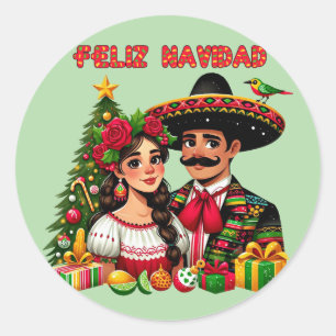Mexicaans meisje man kerstboom Feliz Navidad kunst Ronde Sticker
