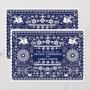 Mexicaans Picado Blauw Wit Papier Huwelijk Kaart
