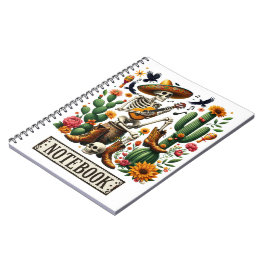 Mexicaans skelet speelt gitaar tussen cactussen notitieboek