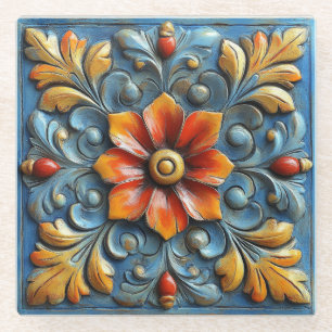 Mexicaans Spaans Floral Sinaasappel en blauw Glazen Onderzetter