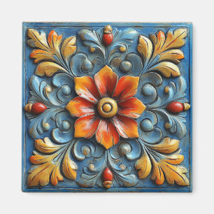 Mexicaans Spaans Floral Sinaasappel en blauw Magneet