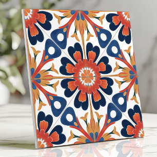 Mexicaans Talavera bloemenmedaillon kobalt oranje Tegeltje