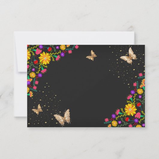 Mexicaanse Bloemen Zwart Gouden Vlinder Quinceaner Notitiekaartje (Achterkant)