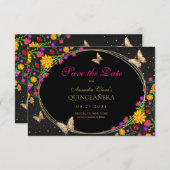 Mexicaanse Bloemen Zwart Gouden Vlinder Quinceaner Notitiekaartje (Voorkant / Achterkant)