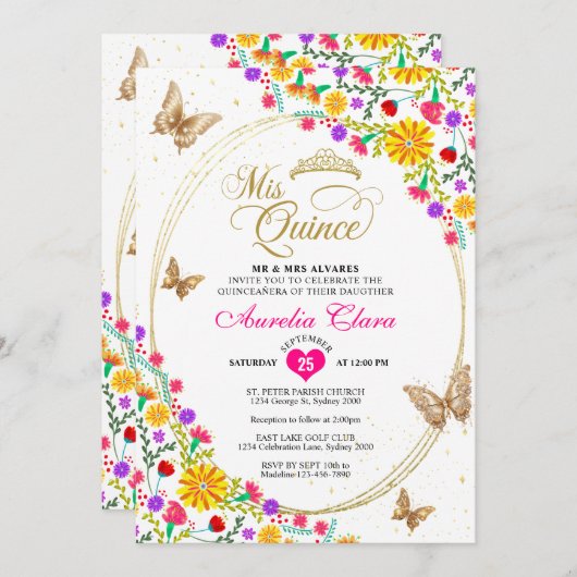 Mexicaanse bloemengoud tiara vlinder Quinceañera Kaart (Voorkant / Achterkant)