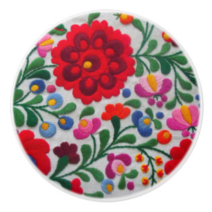 Mexicaanse Borduurwerk Bloemen Rood Bold Kleuren C Keramische Knop