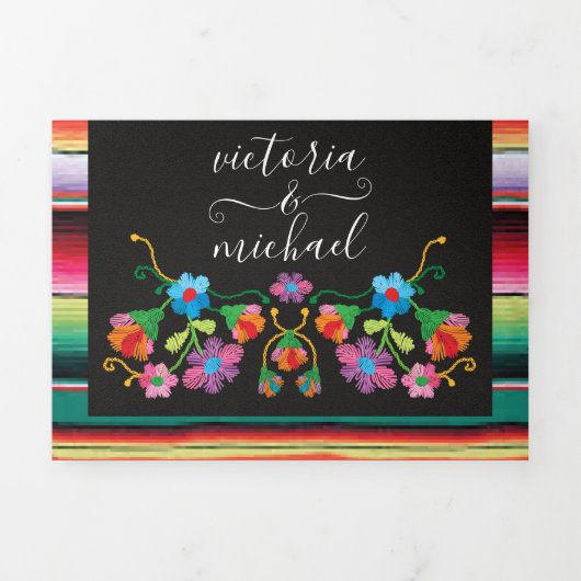 Mexicaanse Borduurwerk Bloemen Vloerkleed Bruiloft Drieluik Uitnodiging (Cover)