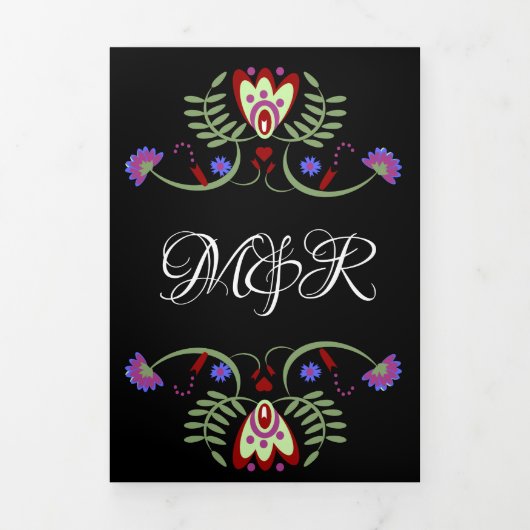 Mexicaanse Bruiloft Folk Florals Harten Drieluik Wenskaart (Cover)