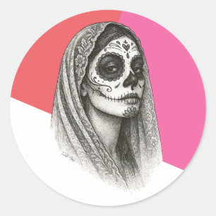 Mexicaanse Catrina met Rozen en Veil Dia de muerto Ronde Sticker