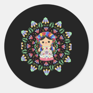 Mexicaanse Doll-Lele-Maria- Geborduurde Mexicaanse Ronde Sticker