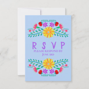 Mexicaanse Fiesta Bloemen Lichtblauw Quinceanera RSVP Kaartje