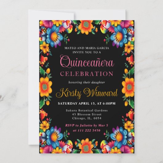 Mexicaanse Fiesta Bloemen Zwart Quinceanera Kaart (Voorkant)