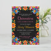 Mexicaanse Fiesta Bloemen Zwart Quinceanera Kaart (Staand voorkant)