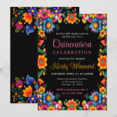 Mexicaanse Fiesta Bloemen Zwart Quinceanera Kaart (Voorkant / Achterkant)