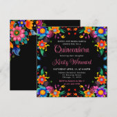 Mexicaanse Fiesta Bloemen Zwart Quinceanera Kaart (Voorkant / Achterkant)