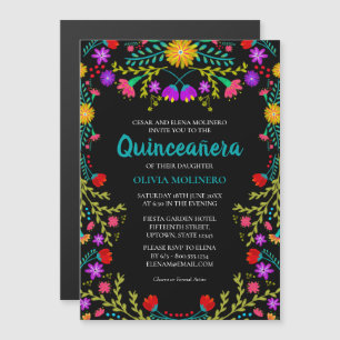 Mexicaanse Fiesta Bloemen Zwart Quinceanera Party Magnetische Uitnodiging
