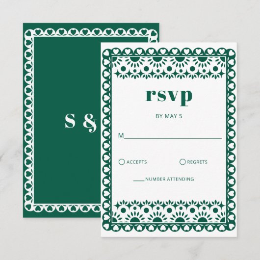 Mexicaanse Fiesta Emerald Papel Picado Boho Weddin RSVP Kaartje (Voorkant / Achterkant)