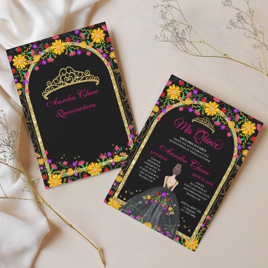 Mexicaanse Fiesta Floral Prinses Goud Quinceanera Kaart