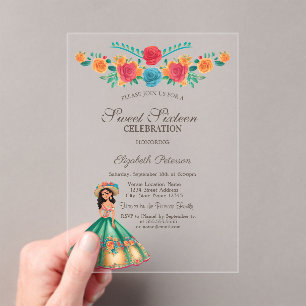 Mexicaanse Fiesta Jurk Bloemen Sweet 16 Acryl Uitnodigingen