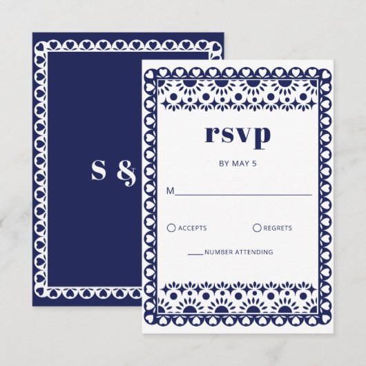Mexicaanse Fiesta Navy Papel Picado Boho Wedding RSVP Kaartje (Voorkant / Achterkant)