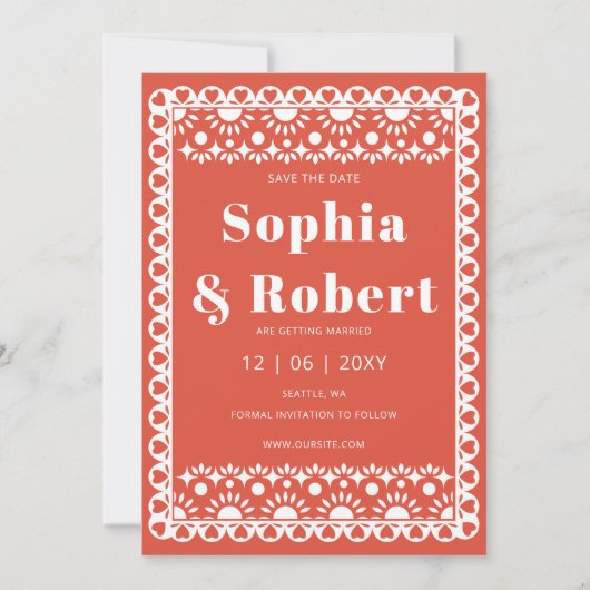 Mexicaanse Fiesta Red Papel Picado Boho Wedding Save The Date (Voorkant)