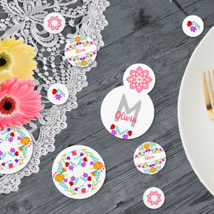 Mexicaanse Fiesta Wit Roze Bloemen Monogram Naam Confetti