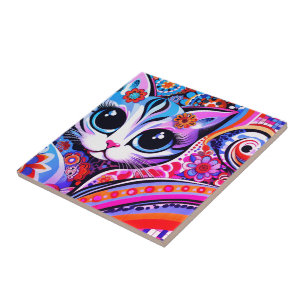 Mexicaanse Folk Art Abstract Kitty Cat Talavera St Tegeltje