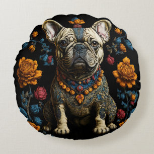 Mexicaanse Folk Art Franse Bulldog Rond Kussen