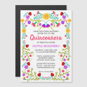 Mexicaanse Folk Art Kleurrijke Bloemen Quinceanera Magnetische Uitnodiging