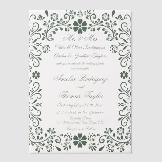 Mexicaanse groene Talavera bruiloft Vellum Uitnodigingen (Voorkant)