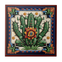 Mexicaanse Huichol stijl cactus keramische tegel 1