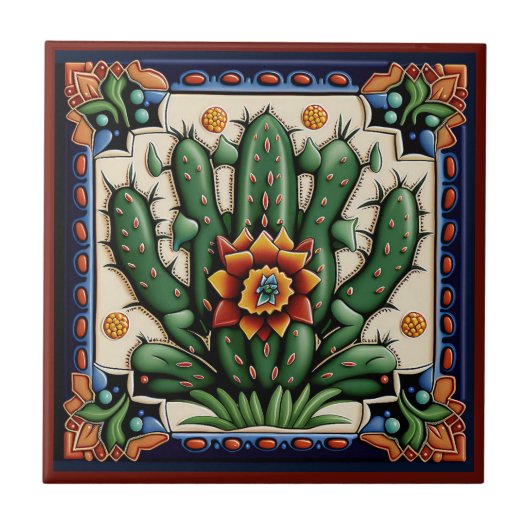 Mexicaanse Huichol stijl cactus keramische tegel 1 Tegeltje (Voorkant)